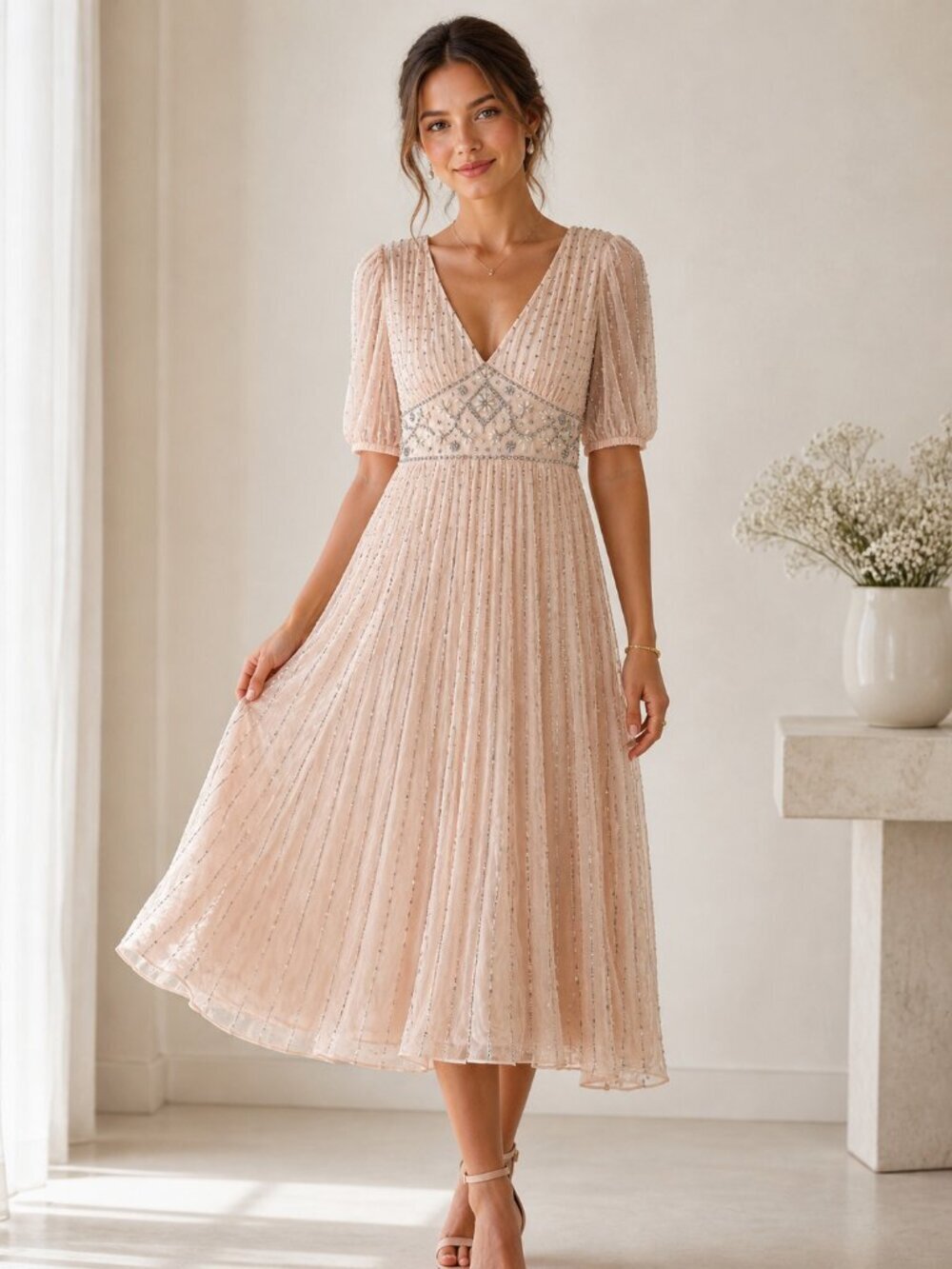 Mac Duggal Blush Ivory Pink Beaded Midi Dress Empire Waist 12 NWT
